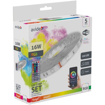 16W RGB 5m LED Szalag Bliszter TUYA - Zene vez. + IR távirányító Avide