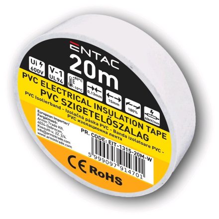 Szigetelőszalag 0,13x15mm fehér 20m Entac 