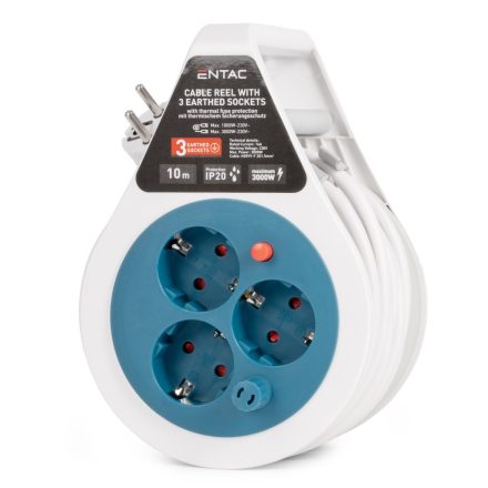 Kábeldob 3 aljzat 10 méter 1,5 mm² vezetékkel fehér/kék Entac