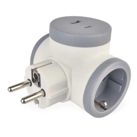   Konnektorba dugható kettes elosztó + 2USB fehér-szürke Emos