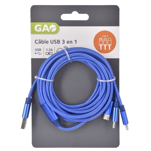 USB kábel 3 az 1-ben 2.5 méter Gao